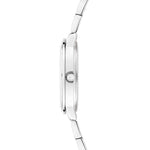 Seitenansicht der Tamaris Armbanduhr - The Elegance, eine schlanke Uhr von Tamaris mit rundem Gehäuse, Zirkonia-Akzenten und einem eleganten Edelstahlband.