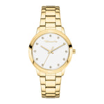 Die Tamaris Armbanduhr - The Elegance besticht mit goldfarbenem Edelstahlband, weißem Zifferblatt und funkelnden Zirkoniasteinen als Indizes. Die Uhr zeigt die Zeit 10:08 an.