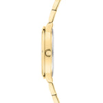 Seitenansicht der Tamaris Armbanduhr - The Elegance, eine schlanke Damenuhr mit Zirkoniasteinen, Goldgehäuse, Edelstahlband, und runder Krone von Tamaris.