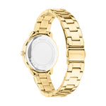 Die Tamaris Armbanduhr - Die Elegance von Tamaris verfügt über ein goldenes Gehäuse mit einem Edelstahlband, das von hinten gezeigt wird, um die Schließe und den Gehäuseboden hervorzuheben.