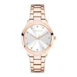 Die Tamaris Armbanduhr - The Elegance verfügt über ein roségoldenes Gehäuse, ein silbernes Zifferblatt, funkelnde Zirkonia-Indizes und ein elegantes Edelstahlarmband.