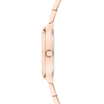 Seitenansicht der schlanken Tamaris Armbanduhr - The Elegance in Roségold, von Tamaris, mit einem Metallglieder-Edelstahlband, runder Krone und funkelnden Zirkonia-Akzenten.