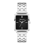 Die Tamaris Armbanduhr - The Square: Edelstahlarmband in Silber, rechteckiges schwarzes Zifferblatt mit silbernen Stundenmarkern und Tamaris Logo.