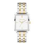 Die Tamaris Armbanduhr - The Square hat ein rechteckiges Gehäuse in Gold und Silber, ein weißes Zifferblatt und ein elegantes Edelstahlband von Tamaris.