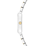 Seitenansicht der Tamaris Armbanduhr - The Square, mit einem schmalen silber- und goldfarbenen Edelstahlarmband und einer runden goldenen Krone auf dem quadratischen Gehäuse.