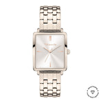 Die Tamaris Armbanduhr - The Square verfügt über ein quadratisches Gehäuse aus Roségold, ein silbernes Zifferblatt, ein elegantes Edelstahlarmband und ein markantes Tamaris-Branding auf dem Zifferblatt.