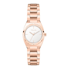 Die Tamaris Armbanduhr - The Cool One von Tamaris verfügt über ein roségoldenes Gehäuse, ein weißes Zifferblatt, minimalistische Markierungen und ein schlankes Edelstahlband für einen modernen, minimalistischen Damenuhren-Look.