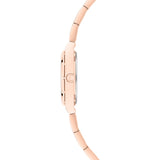 Seitenansicht der Tamaris Armbanduhr - The Cool One, eine schlanke roségoldene Damenuhr von Tamaris mit minimalistischem Design, Metallgliederband und runder Krone.