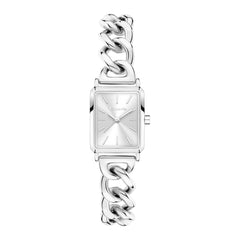 Die Tamaris Armbanduhr - Chain Watch hat ein silbernes, rechteckiges Gehäuse, ein klobiges Armband im Panzerkettendesign und ein minimalistisches Zifferblatt mit der Zeitanzeige 10:09.