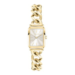 Die Tamaris Armbanduhr - Chain Watch besticht mit rechteckigem, goldfarbenem Gehäuse, klobigem Chain-Link-Band und schlichtem weißen Zifferblatt - die perfekte Damen Uhr für stilbewusste Auftritte.