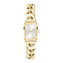 Die Tamaris Armbanduhr - Chain Watch besticht mit rechteckigem, goldfarbenem Gehäuse, klobigem Chain-Link-Band und schlichtem weißen Zifferblatt - die perfekte Damen Uhr für stilbewusste Auftritte.