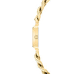 Seitenansicht der Tamaris Armbanduhr - Chain Watch von Tamaris, die das goldene, gedrehte Band und die runde Krone auf dem Gehäuse zeigt.