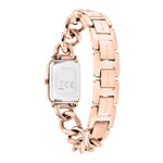 Die Tamaris Armbanduhr - Chain Watch für Damen verfügt über ein roségoldenes, rechteckiges Mini-Gehäuse und ein stilvolles Panzerarmband, von hinten gesehen.