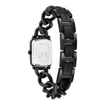 Rückansicht der Tamaris Armbanduhr - Chain Watch für Damen: eine schwarze, rechteckige Mini-Uhr mit Metallgehäuse und Kettenglieder-Armband von Tamaris.