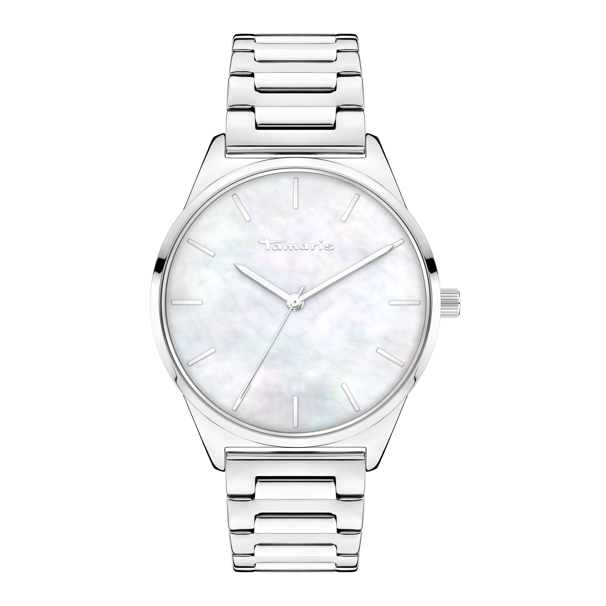 Die Tamaris Armbanduhr - Basic Elegance von Tamaris zeichnet sich durch ein weißes Perlmutt-Zifferblatt und ein Metallgliederband aus, hier von vorne.