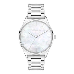 Die Tamaris Armbanduhr - Basic Elegance von Tamaris zeichnet sich durch ein weißes Perlmutt-Zifferblatt und ein Metallgliederband aus, hier von vorne.