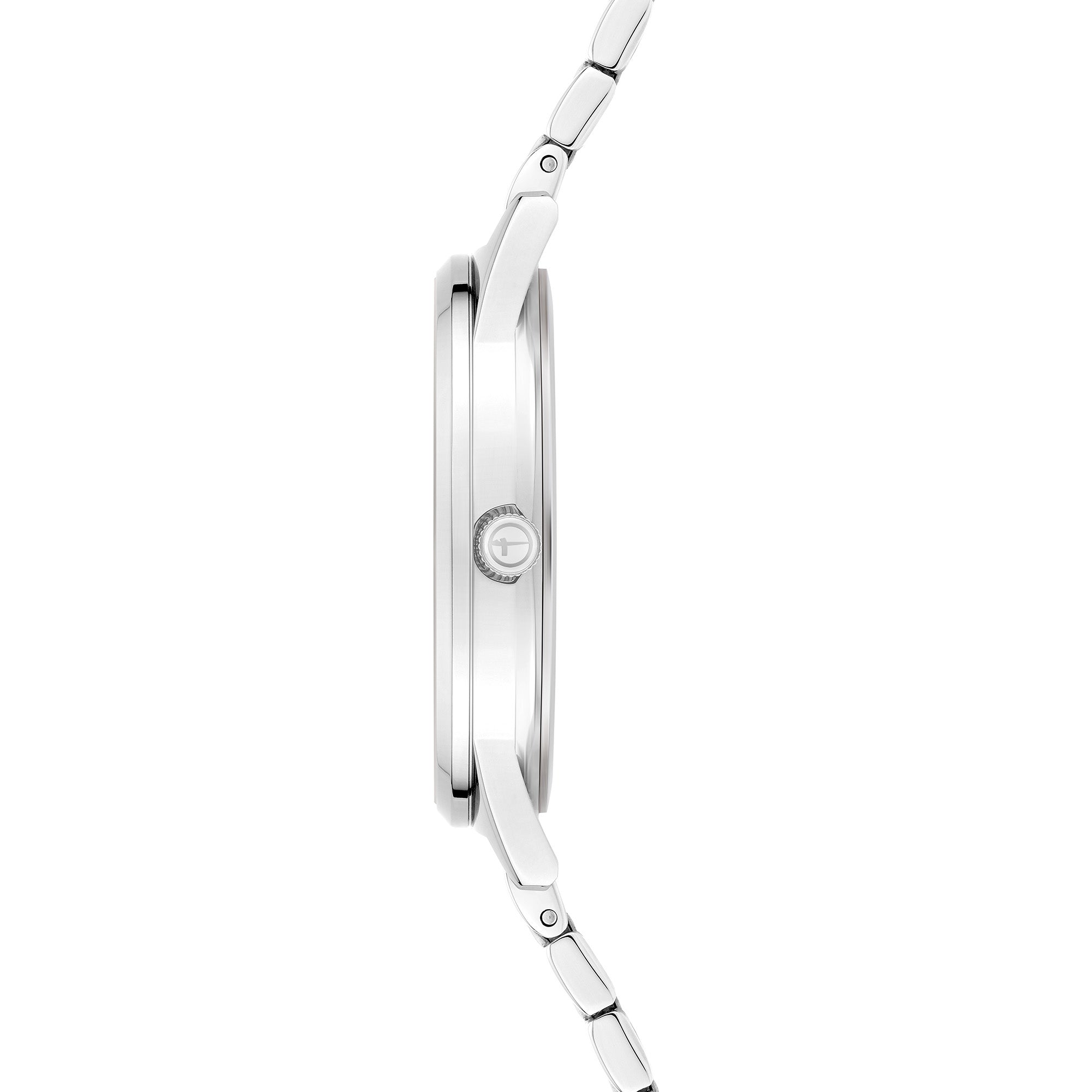 Seitenansicht der Tamaris Armbanduhr - Basic Elegance: eine silberne Damenuhr mit schlankem Gehäuse, Perlmutt-Zifferblatt und schlichtem Metallgliederband der Marke Tamaris.