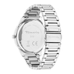 Rückansicht der silbernen Tamaris Armbanduhr - Basic Elegance mit Tamaris-Gravur auf der Edelstahlschließe und dem Gehäuseboden.