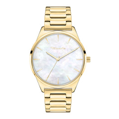 Die Tamaris Armbanduhr - Basic Elegance besticht durch ein goldfarbenes Metallarmband, goldene Stundenmarkierungen und ein edles Perlmutt-Zifferblatt - stilvoll und passend zu jedem Anlass.