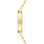 Seitenansicht der Tamaris Armbanduhr - Basic Elegance, mit schlankem, rundem Gehäuse, Gliederarmband und elegantem Perlmutt-Zifferblatt von Tamaris auf weißem Hintergrund.
