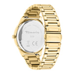Die Tamaris Armbanduhr - Basic Elegance besticht mit edlem Design, Metallarmband und Edelstahlgehäuse. Von hinten sind Gehäuse und Markenlogo sichtbar, das stilvolle Perlmutt-Zifferblatt rundet den Look ab.