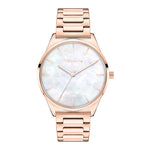 Die Tamaris Armbanduhr - Basic Elegance überzeugt mit roségoldenem Metallgliederarmband und weißem Perlmutt-Zifferblatt, von vorn betrachtet.