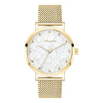 Die Tamaris Armbanduhr - Clover hat ein goldenes Netzband, ein weißes Zifferblatt mit dezentem Herzmuster, ein florales Zifferblatt und elegante goldene Zeiger.