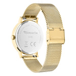 Die Tamaris Armbanduhr - Clover verfügt über ein goldenes Netzband, ein geblümtes Zifferblatt und eine Markengravur auf der Rückseite aus Edelstahl.