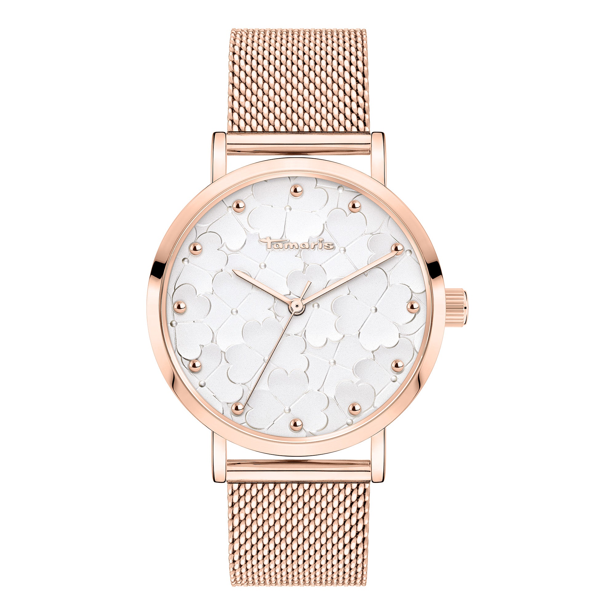 Die Tamaris Armbanduhr - Clover von Tamaris verfügt über ein elegantes roségoldenes Meshband, ein weißes strukturiertes Zifferblatt und charmante kleine Kleemuster.