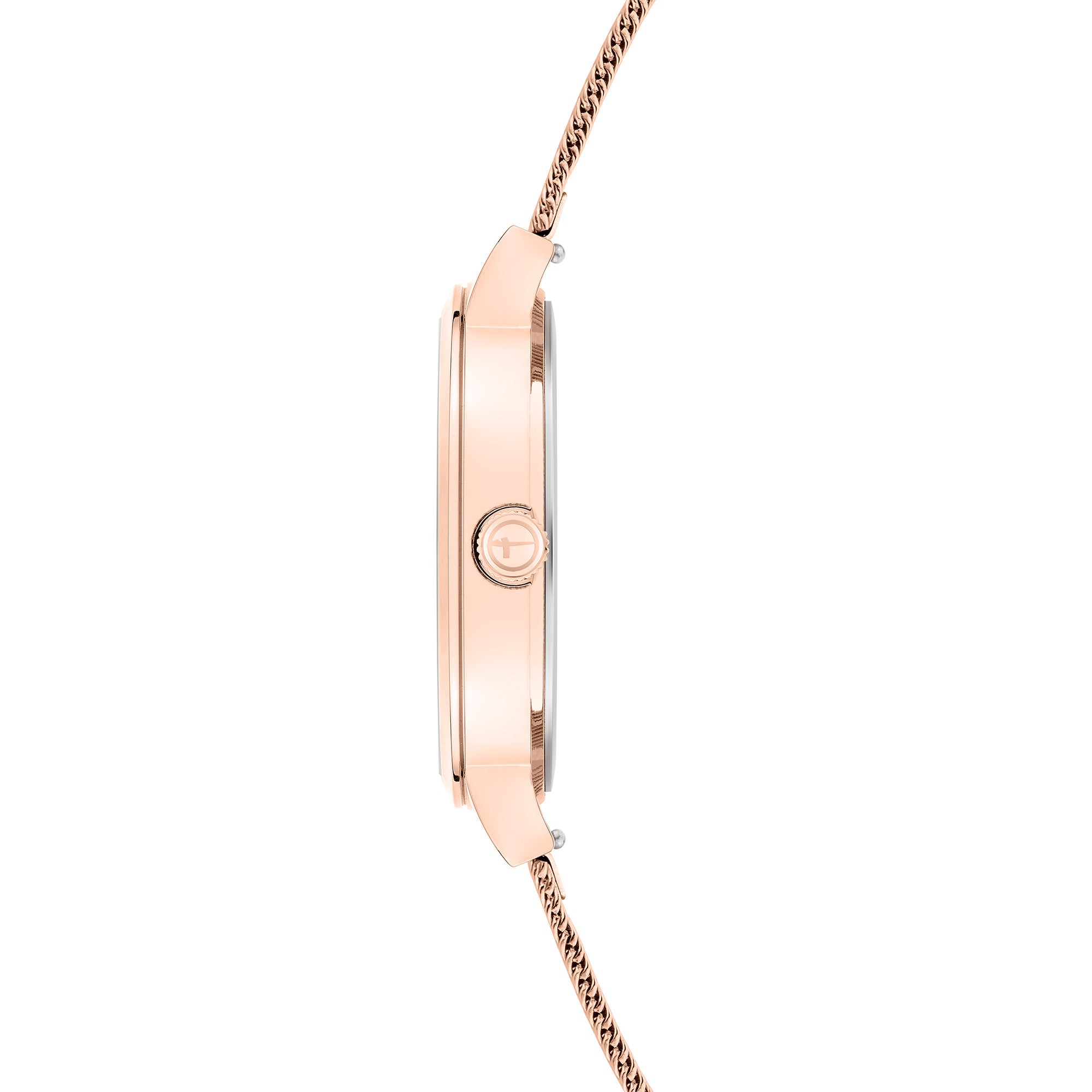 Seitenansicht der schlanken, roségoldenen Tamaris Armbanduhr - Clover mit Mesh-Band und einer Krone mit kreisförmigem Logo.