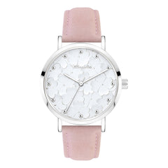 Die Tamaris Armbanduhr - Clover von Tamaris hat ein silberfarbenes Gehäuse, ein blütenweißes Kleeblatt und ein pastellrosa Lederband.