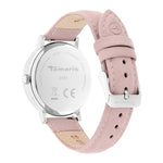 Rückansicht der Tamaris Armbanduhr - Clover, mit rosafarbenem Lederband und silbernem Edelstahlgehäuse.