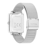 Rückansicht der Tamaris Armbanduhr - Square Meets Mesh, mit Mesh-Edelstahlband, quadratischem Gehäuse, Schließe und den Tamaris Marken- und Pflegesymbolen.