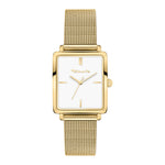 Die Tamaris Armbanduhr - Square Meets Mesh verfügt über ein elegantes quadratisches Gehäuse in Gold, ein Netzband und ein minimalistisches weißes Zifferblatt mit goldenen Markierungen und Zeigern - eine elegante Damenuhr von Tamaris.