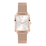 Die Tamaris Armbanduhr - Square Meets Mesh verfügt über ein schickes quadratisches Gehäuse aus Roségold, ein Edelstahlband aus Mesh und ein minimalistisches weißes Zifferblatt - moderne Eleganz von Tamaris.