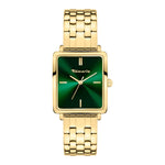 Goldene Armbanduhr mit rechteckigem, grünem Zifferblatt und Edelstahlarmband, mit der Marke Tamaris. Produkt: Tamaris Armbanduhr - The Bicolor Square.