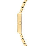 Seitenansicht der Tamaris Armbanduhr - The Bicolor Square von Tamaris, mit einem schmalen goldenen Edelstahlarmband, quadratischem Gehäuse und einer runden Krone an der Seite.