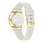 Rückansicht der Tamaris Armbanduhr - The Flower by Tamaris, die ein gold-weißes Design mit Silikonarmband, Edelstahlgehäuse und zarten Blumendruck-Akzenten zeigt.