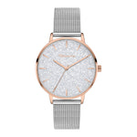 Frontansicht der Tamaris Damen Armbanduhr mit silberfarbenem Mesharmband, roségoldfarbenem Gehäuse und glitzerndem Ziffernblatt