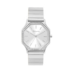Die Tamaris Armbanduhr - Sparkling Octavia hat ein achteckiges Zifferblatt mit Zirkoniasteinen, ein Metallgliederband und zeigt keine Uhrzeit an.