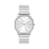 Die Tamaris Armbanduhr - Sparkling Octavia hat ein achteckiges Zifferblatt mit Zirkoniasteinen, ein Metallgliederband und zeigt keine Uhrzeit an.