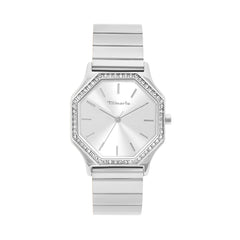 Die Tamaris Armbanduhr - Sparkling Octavia hat ein achteckiges Zifferblatt mit Zirkoniasteinen, ein Metallgliederband und zeigt keine Uhrzeit an.