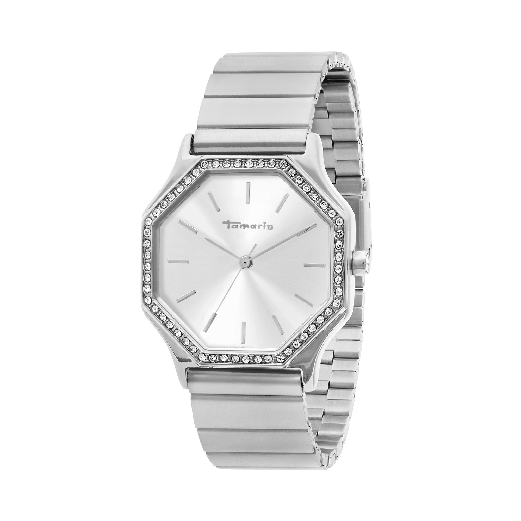 Die Tamaris Armbanduhr - Sparkling Octavia von Tamaris verfügt über ein achteckiges Zifferblatt, eine mit Zirkoniasteinen besetzte Lünette, ein elegantes Edelstahlarmband und zeigt die Uhrzeit bei 10:10 an.