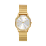 Die Tamaris Armbanduhr "Sparkling Octavia" überzeugt mit goldenem Design, achteckigem Zifferblatt, funkelnden Zirkoniasteinen und elegantem Edelstahlarmband - Uhrzeit 10:08.