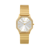 Die Tamaris Armbanduhr "Sparkling Octavia" überzeugt mit goldenem Design, achteckigem Zifferblatt, funkelnden Zirkoniasteinen und elegantem Edelstahlarmband - Uhrzeit 10:08.