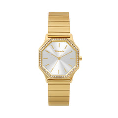 Die Tamaris Armbanduhr "Sparkling Octavia" überzeugt mit goldenem Design, achteckigem Zifferblatt, funkelnden Zirkoniasteinen und elegantem Edelstahlarmband - Uhrzeit 10:08.