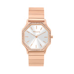 Die Tamaris Armbanduhr - Sparkling Octavia verfügt über ein sechseckiges Gehäuse aus Roségold, funkelnde Zirkoniasteine, Kristallakzente, ein silbernes Zifferblatt und ein elegantes Edelstahlarmband von Tamaris.