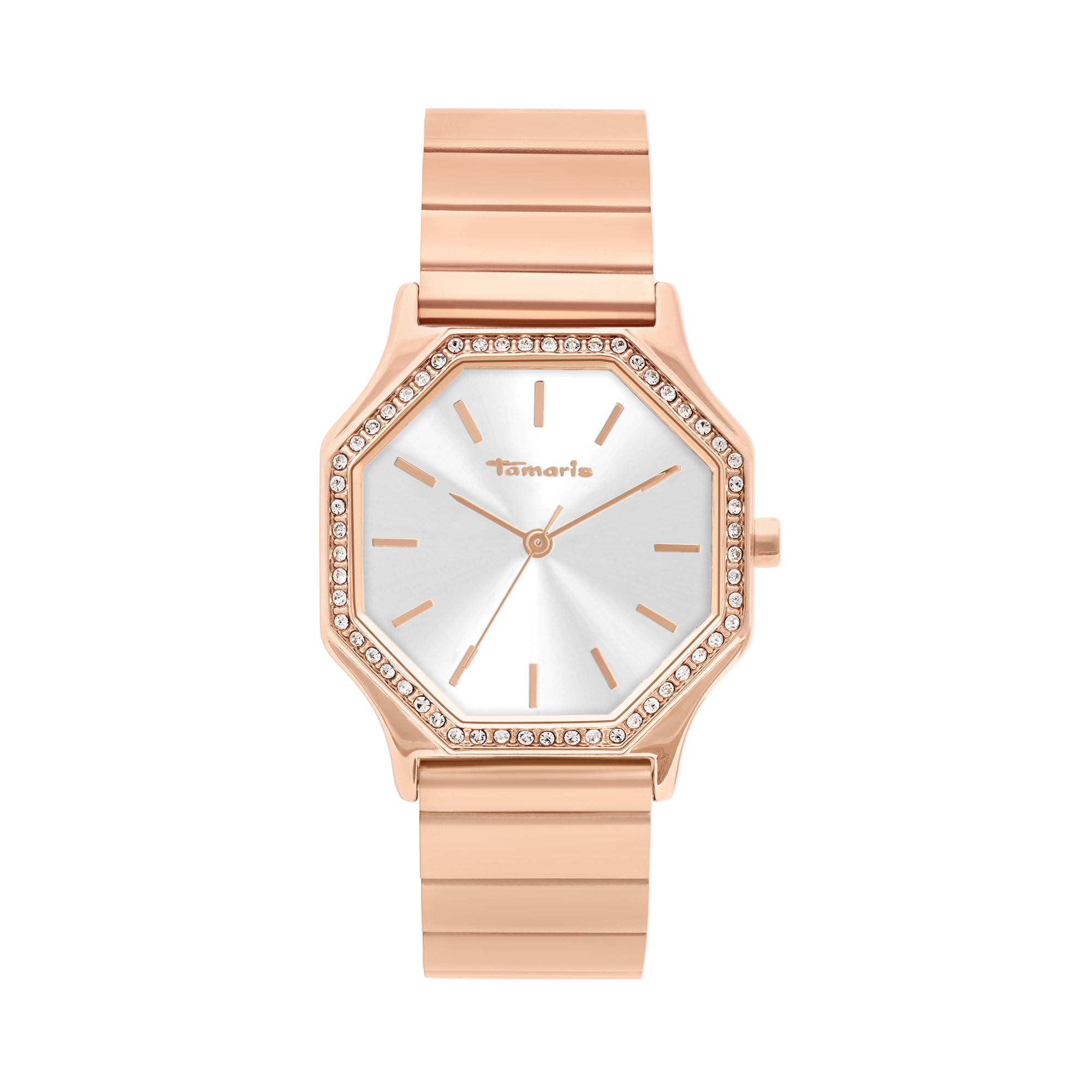Die Tamaris Armbanduhr - Sparkling Octavia verfügt über ein sechseckiges Gehäuse aus Roségold, funkelnde Zirkoniasteine, Kristallakzente, ein silbernes Zifferblatt und ein elegantes Edelstahlarmband von Tamaris.