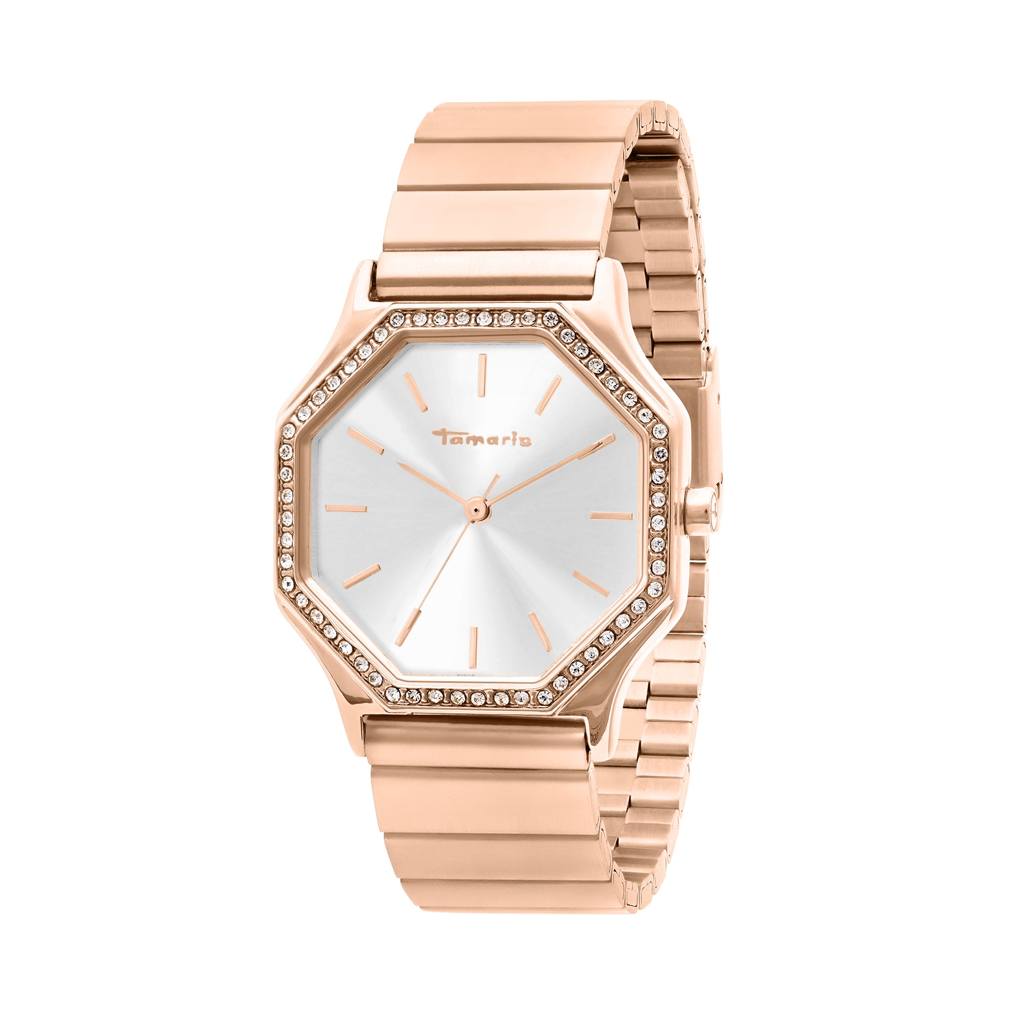 Die Tamaris Sparkling Octavia zeichnet sich durch ein achteckiges Zifferblatt, funkelnde Zirkoniasteine und ein schlankes Edelstahlarmband aus. Sie ist in Roségold auf weißem Grund gehalten.