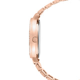 Seitenansicht der Tamaris Armbanduhr - Sparkling Octavia, einer Tamaris Uhr mit rundem Gehäuse aus Roségold, Edelstahlarmband und funkelnden Zirkoniasteinen auf weißem Hintergrund.